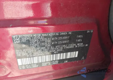 2019 Toyota Rav4 Le from USA, damaged, VIN 2T3G1RFV8KW047309